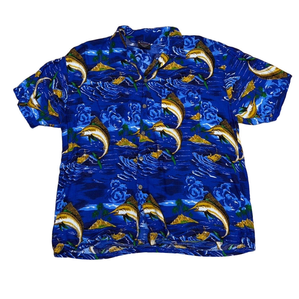 LG Sport XXL Blue Marlin Fish Print Hawaiian Rayon Button Down Shirt